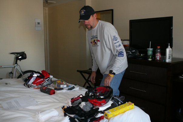 Double-checking my gear bags before race day.