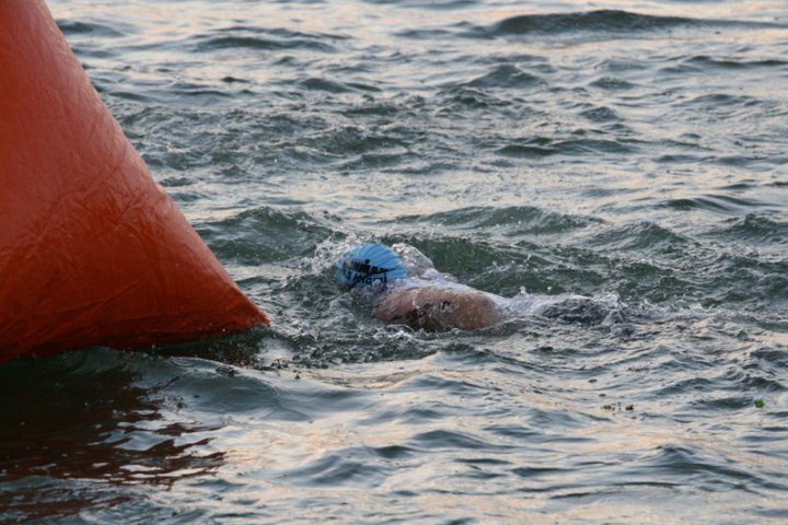 Rounding the first buoy of the swim.
