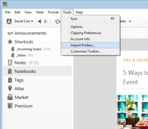 Accessing the Import Folders settings in Evernote