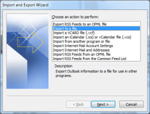 Outlook: Export to File dialog box