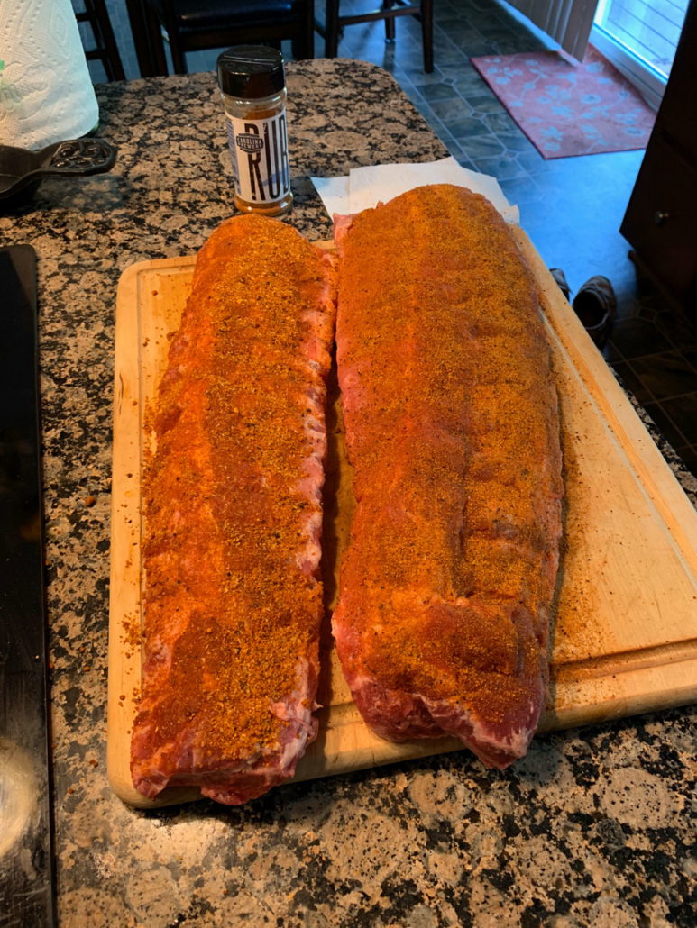 Ribs with a dry rub and ready to go on the smoker