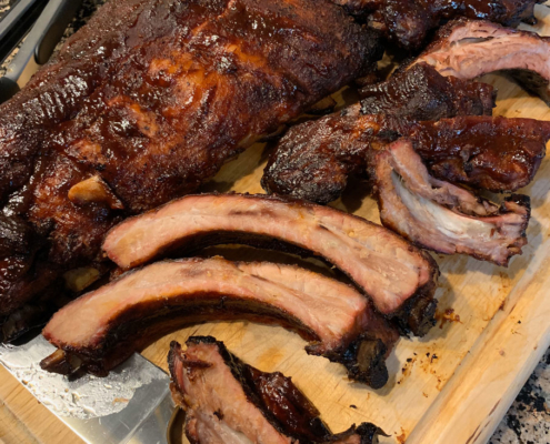 Smoked ribs cut and ready to be served