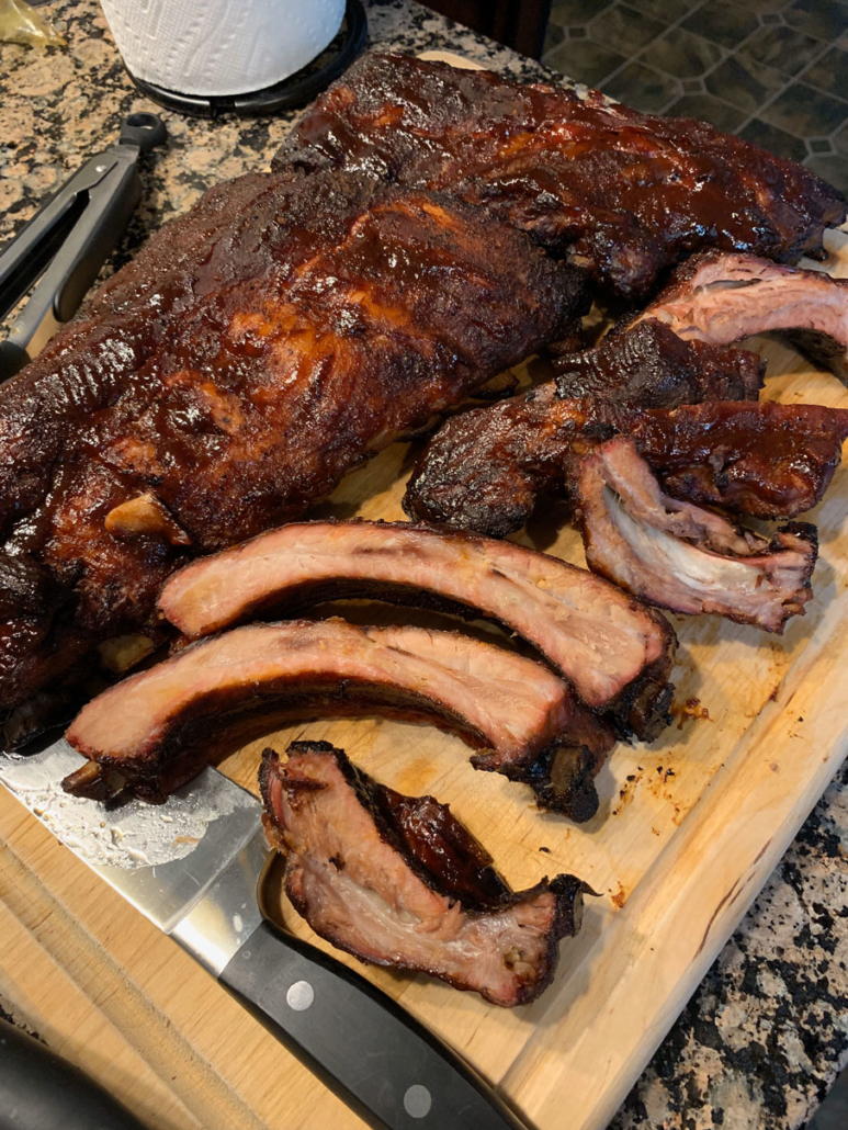 Smoked ribs cut and ready to be served