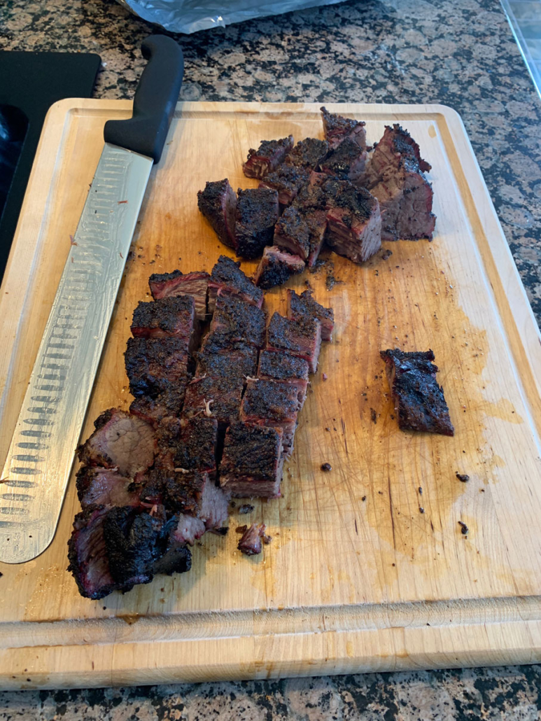 Point after carving into cubed burnt ends