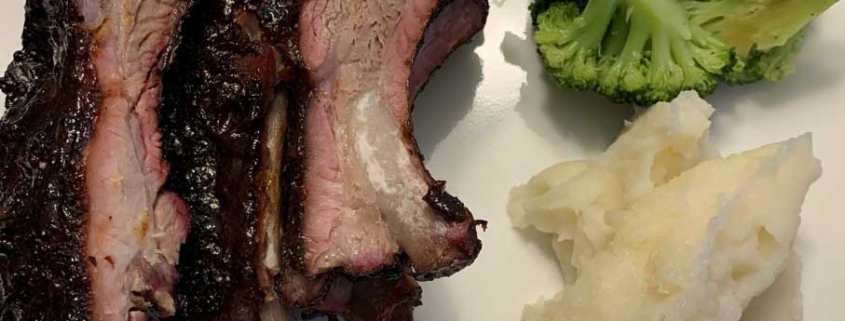 Ribs, potatoes, broccoli